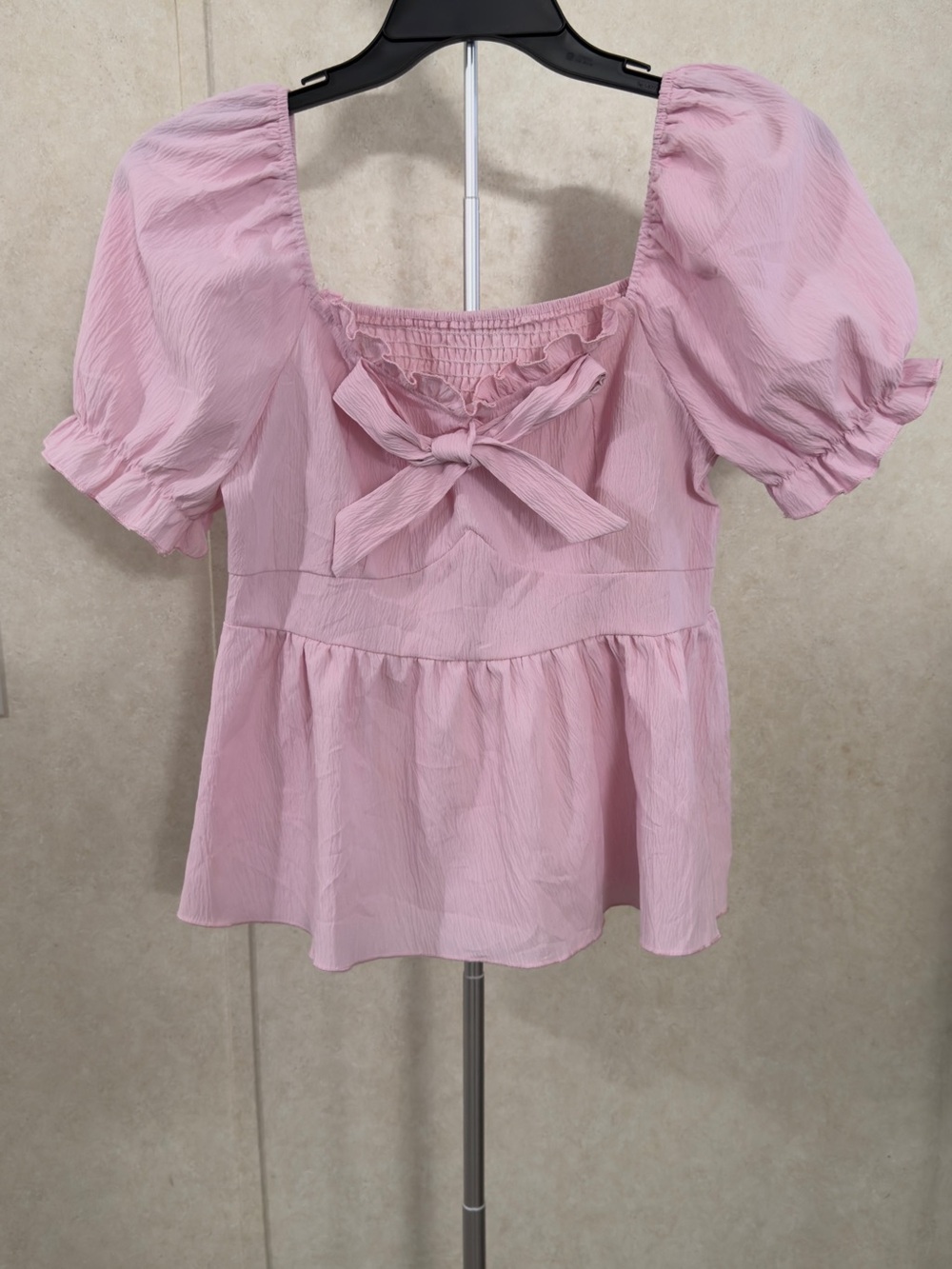 ROMWE Light Pink Puff-Sleeve Bow Peplum Top
